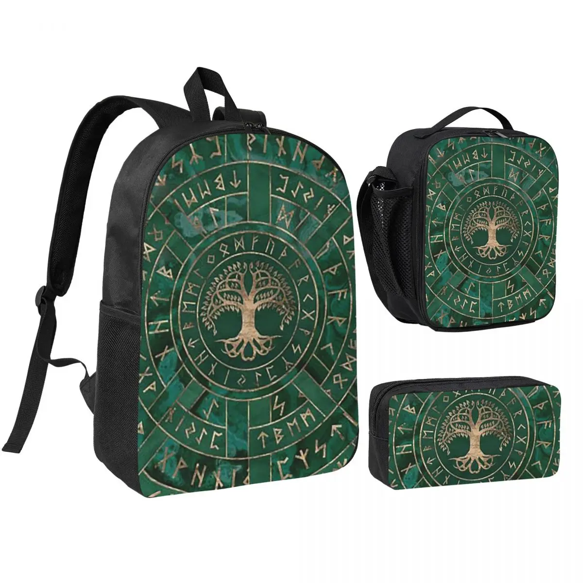 

Tree Of Life -Yggdrasil And Futhark - Malachite Backpack BookBag School Bag Shoulder Bags 3ps Insulated Lunch Bag Pencil Case