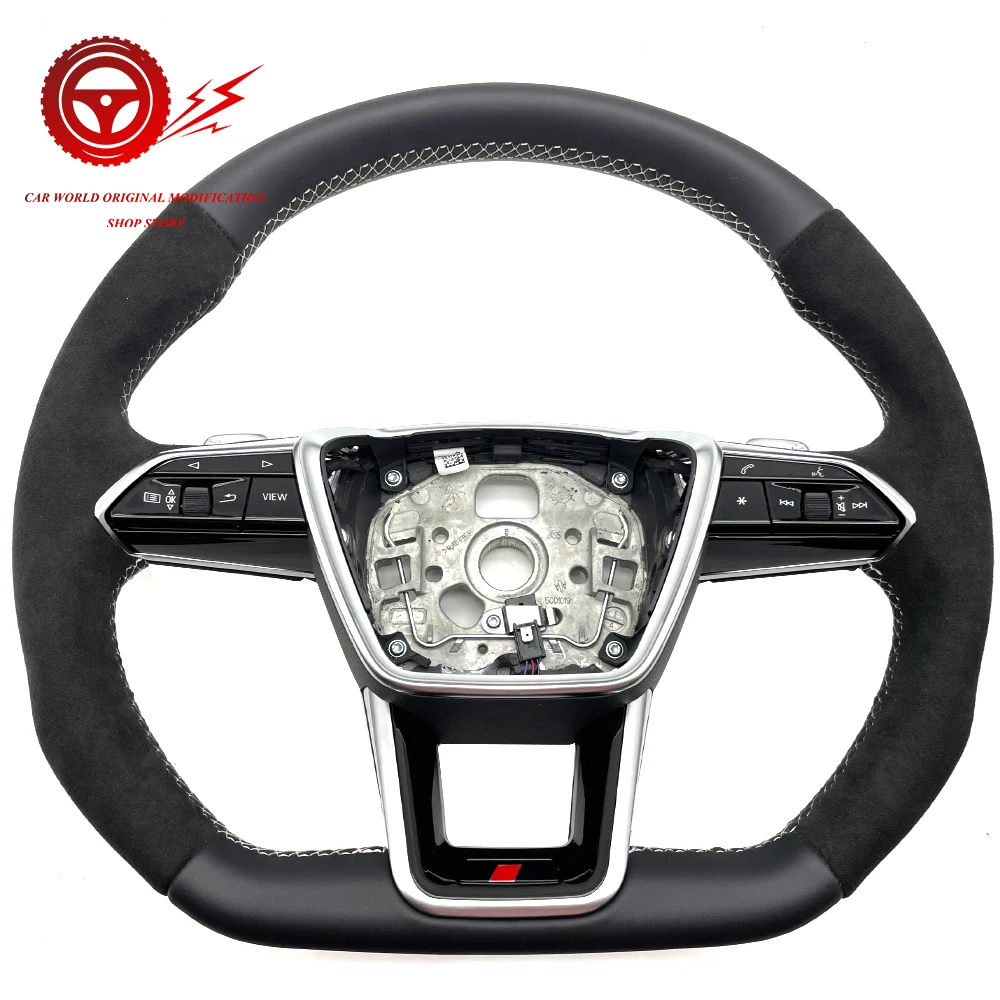 Half Suede Leather Multifunctional Flat Bottomed Sports Steering Wheel, For Audi A6 C8