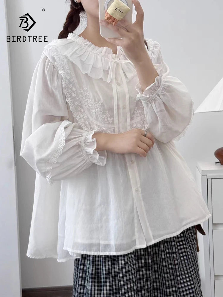 

Новая женская хлопковая блузка с длинным рукавом на весну 2026 года, с рюшами, вышивкой и пэчворком, в стиле Mori Girl Princess, свободного кроя, T61581CC