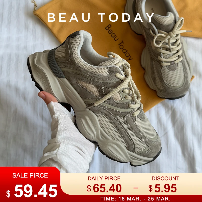 

BEAUTODAY Chunky Sneakers Women Mesh Mixed Round Toe Lace-up Thick Sole New Breathable Ladies Sports Shoes Handmade HW29A14