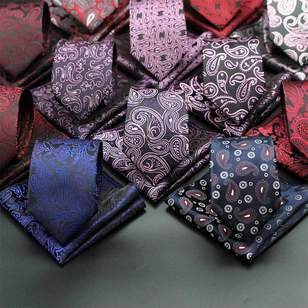 Fashion Men Tie Set Purple Blue Red Burgundy Paisley Floral Necktie Handkerchief Wedding Accessories Business Gift For Men