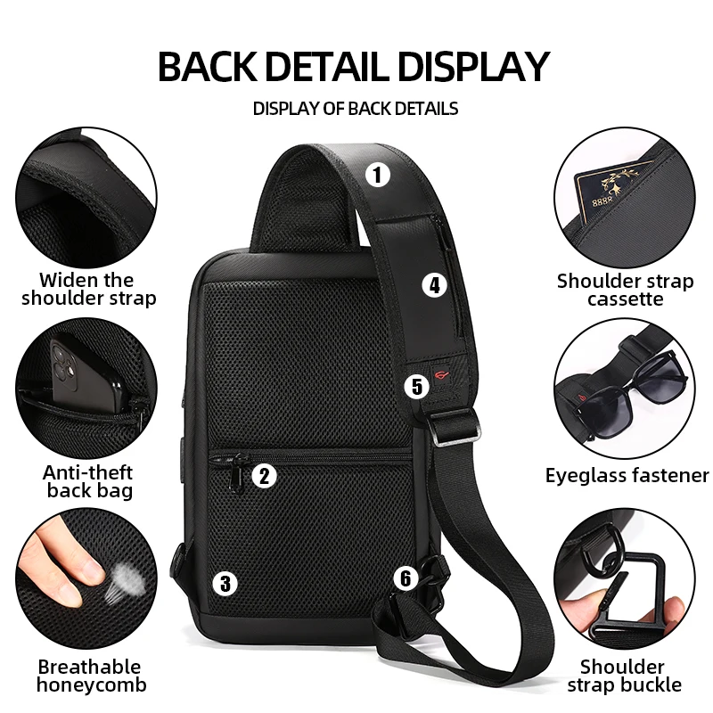 Fenruien Men Shoulder Bag For Men Waterproof USB Charge Crossbody Bags Male Short Trip Chest Bag Fit For 9.7 Inch iPad