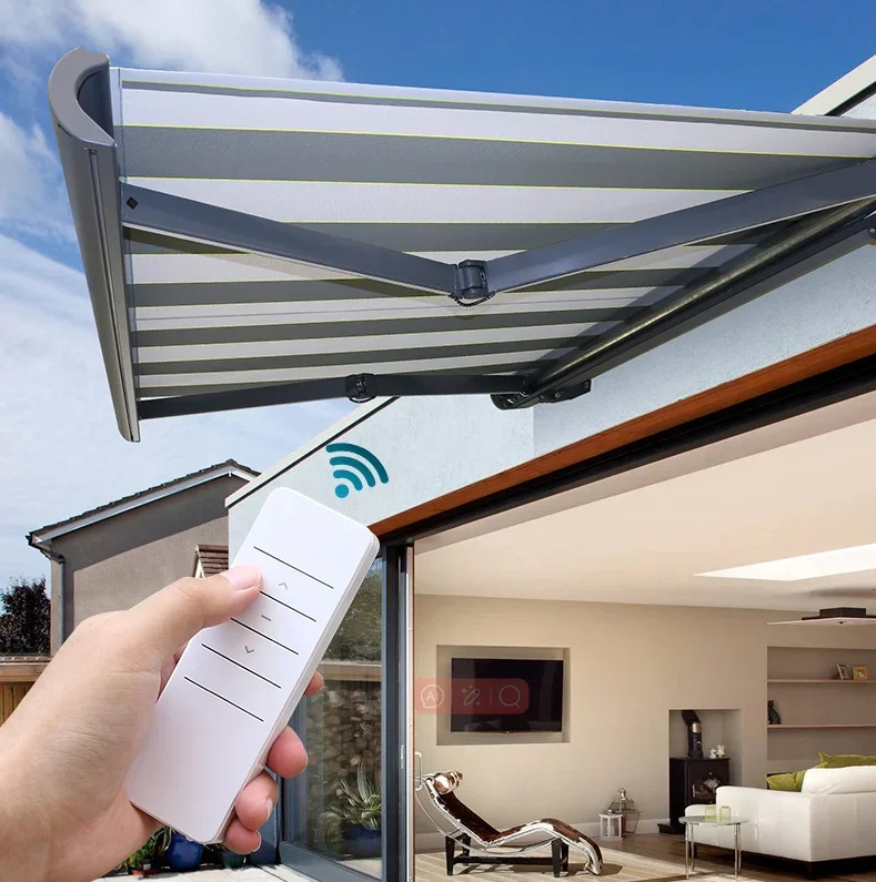 Retractable Awning With Motor Control And Led Lights Garden Canopy Sunshade Awning