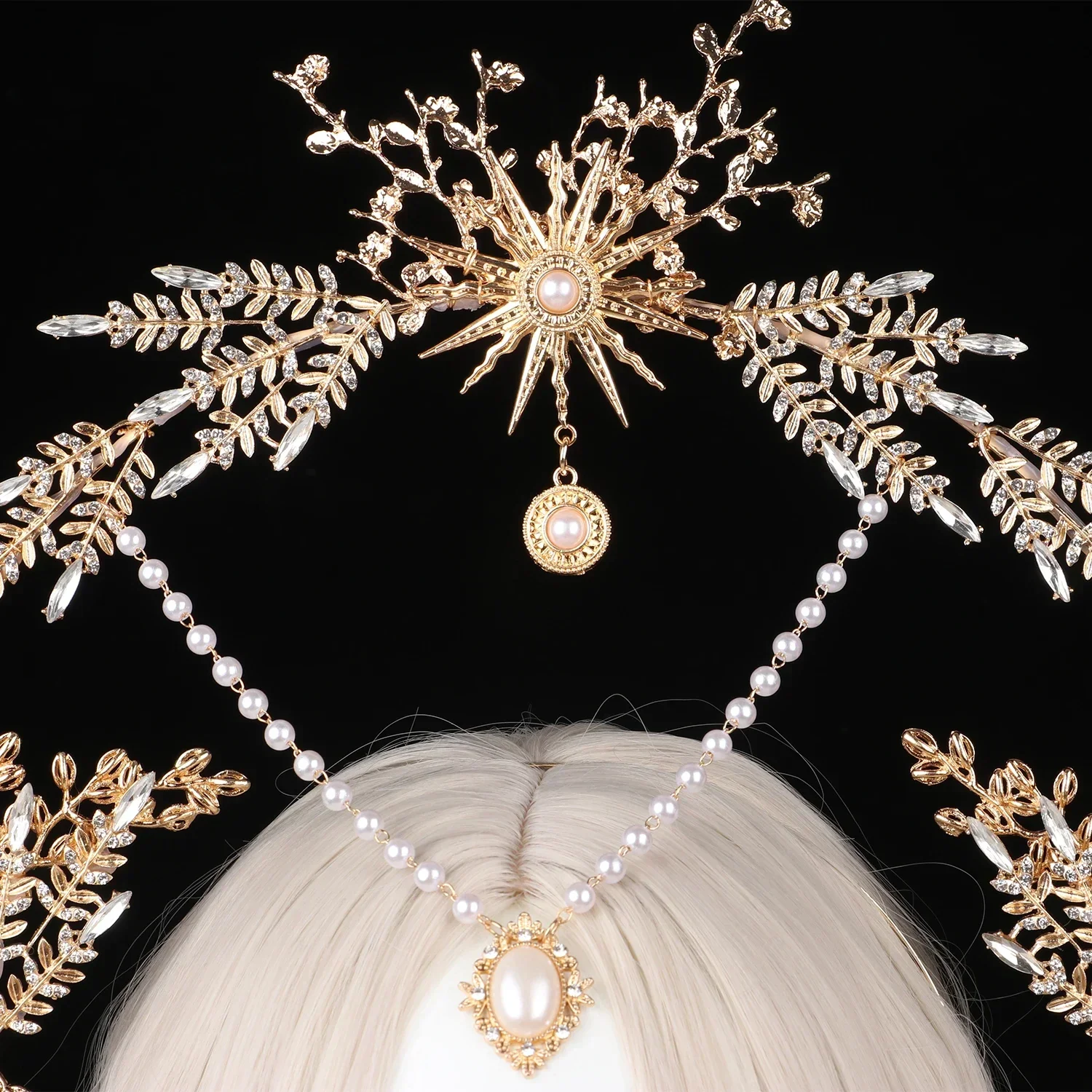 수제 로리타 태양 여신 KC 헤일로 크라운 웨딩 신부 바로크 진주 도금 크리스탈 리프 크라운 헤드 피스 티아라 헤어 액세서리