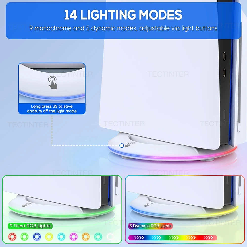 حامل تبريد عمودي مع ضوء RGB لوحدة التحكم PS5 ذات القرص النحيف/الإصدار الرقمي وحامل قاعدة مضاد للانزلاق ملحقات الألعاب