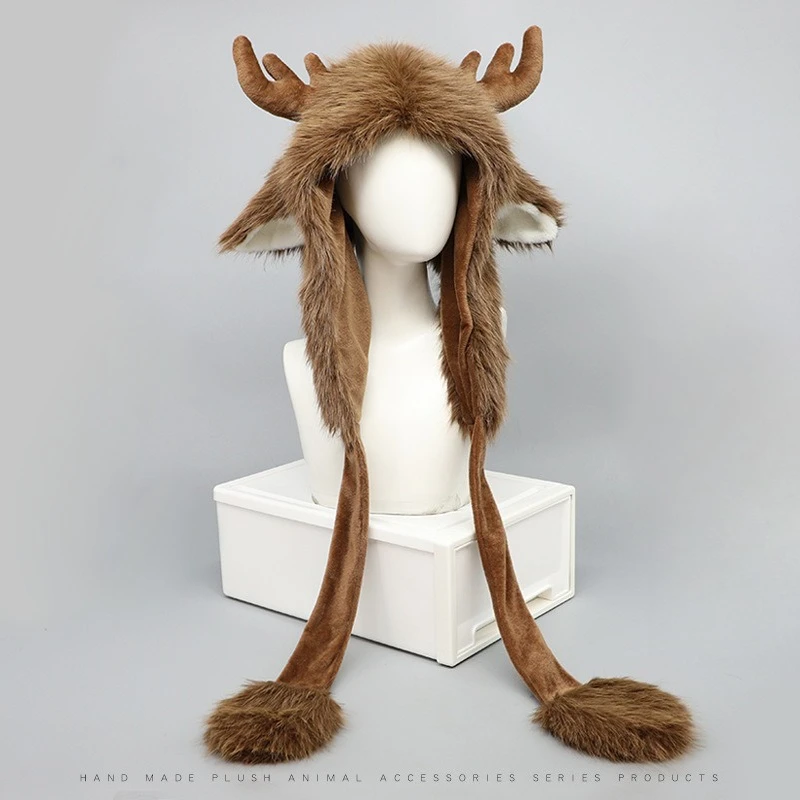 

Festive Reindeer Antler Hat with Ear Flaps - Plush Teddy Fleece Winter Beanie with Adjustable Tie for Couples & Students