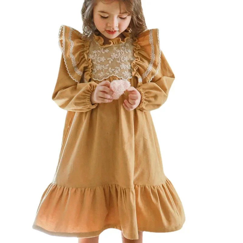 

Korean Winter New Arrivals Girls Long Sleeve Lace Ruffles Dress Retro Girls Cute Sweet Baby Dresses Cotton Vestidos 2-11T CC222