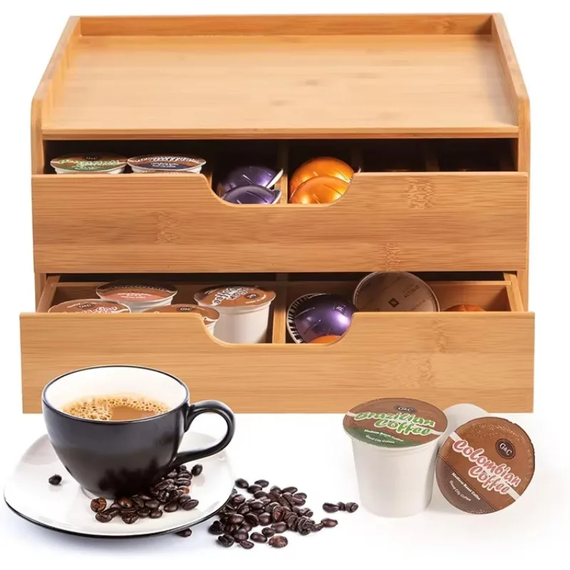 Durable Bamboo Coffee Pods Storage Wooden Tea Holder Box Stand Organizer Drawers