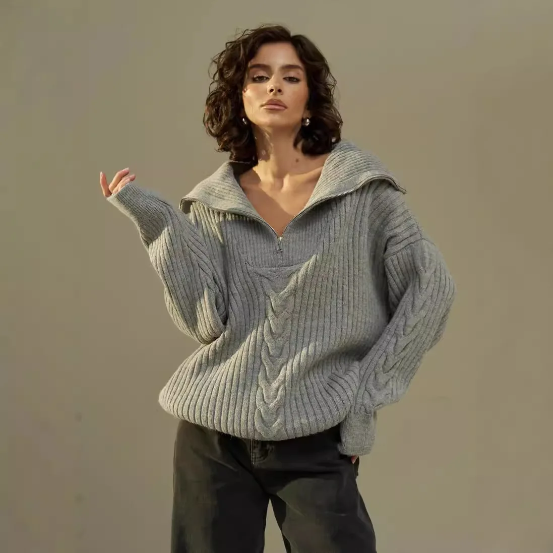 Maglioni lavorati a maglia da donna pullover impiombati con cerniera maglioni Casual a maniche lunghe larghi elegante capispalla spessa da donna autunno inverno