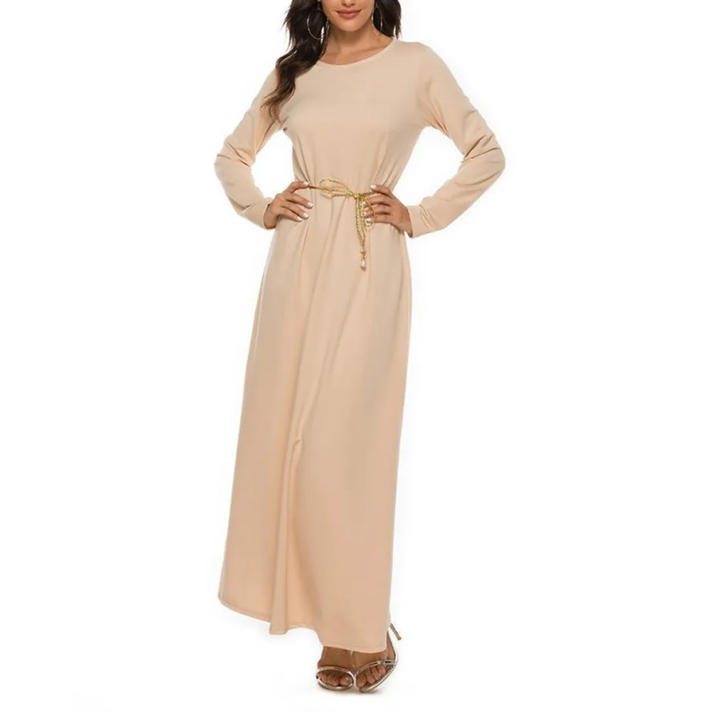

Soft Solid Color Prayer Long Robes Long Sleeve All March Loose Basic Dress Round Neck Islamic Arabian Dress Women