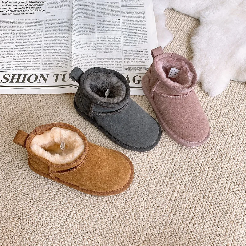 Suede Leather Kids Snow Boots Parent-child Woman Ankle Boots Winter Warm Lamb WoolGirls Shoes Genuine Leather Children's Shoes