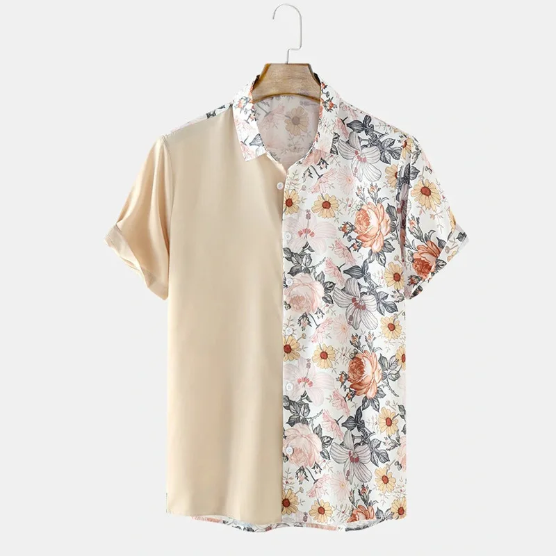 2025 Summer New Men's Casual Slim Fit Splicing Short Sleeve Beach Shirt Men's Fashion Urban Versatile Collar Shirt LR-87
