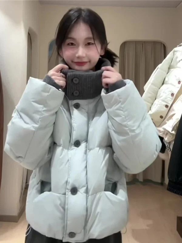 

Korean Style Color Block Knitted Stand Collar Cotton Jacket Women's Winter New Design Warm Bread Style Coat Long Sleeve Regul...