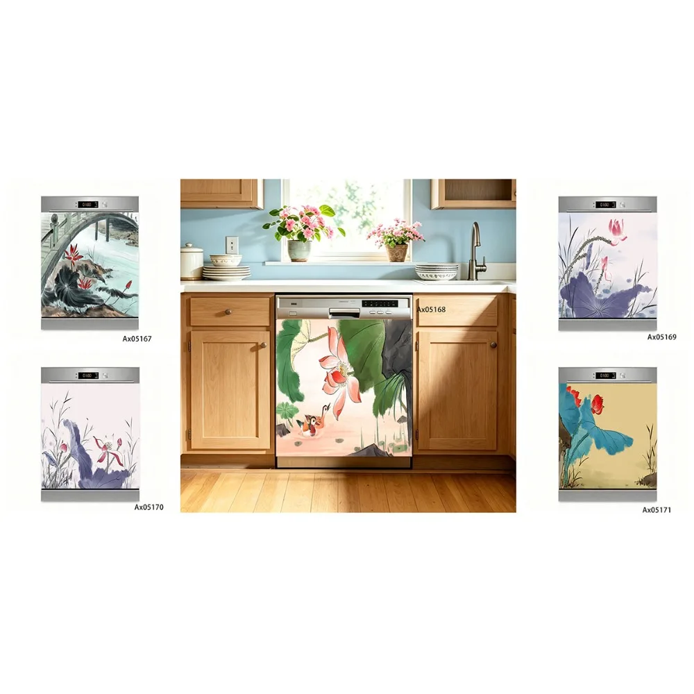 Chinese Ink Wash Lotus Mandarin Duck Dishwasher Door Wrap Sticker Traditional Oriental Water Lily Bridge Kitchen Furniture Decor