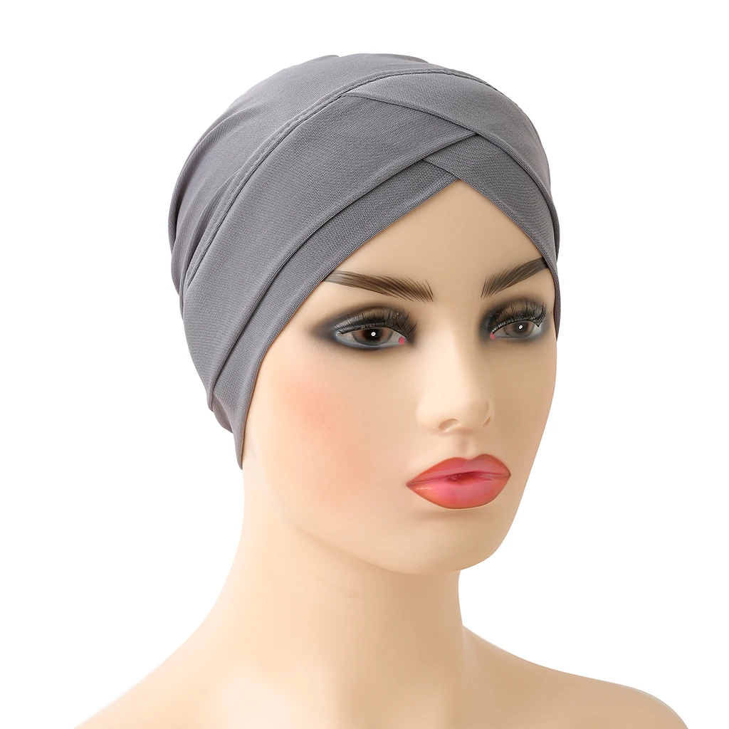 H117 Criss Crossed Muslim Turban Pure Color Stretch Inner Hijabs For Caps Ready To Wear Women Head Scarf Under Bonnet