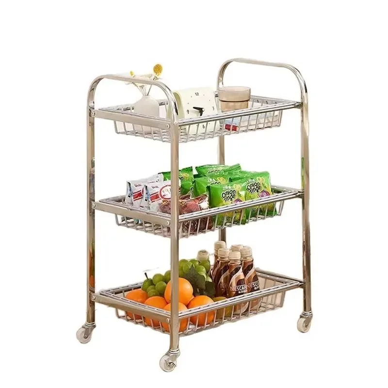 Stainless Steel Foldable Cart Rack Kitchen Mobile Snack Rack Multifunctional Vegetable Basket Storage Rack Microwave Oven