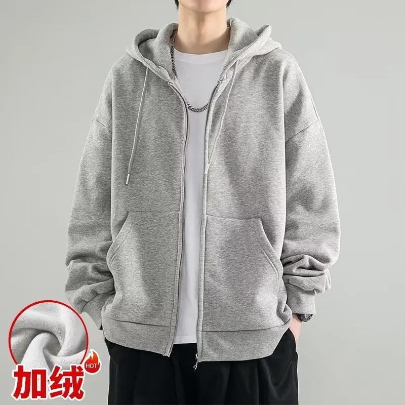 Male Clothes Hooded Sweatshirt for Men Solid Black Hoodies Full Zip Up Autumn Y2k Vintage New in Loose