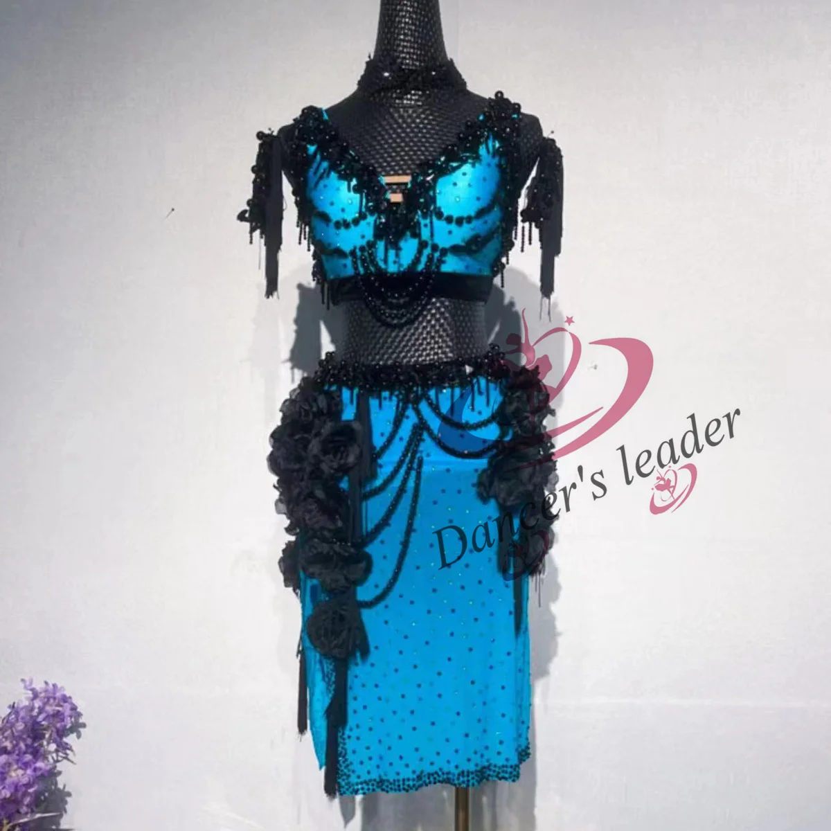 Latin Dance Dress High-end Custom Charm Blue Black Handmade Flower With Diamond Cha Cha Tango Stage Professional Clothing