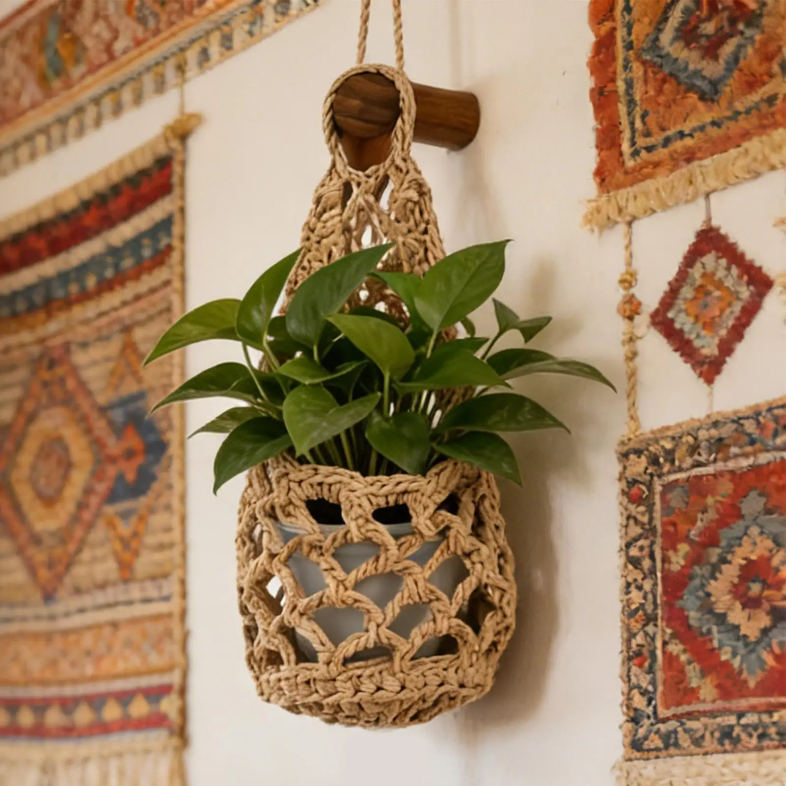 Boho Macrame Plant HangerBasket For Succulents Cotton Rope Woven Hanging Basket With Net Pouch Home Decoration Organizer