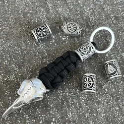 Nostalgia Viking Odin Crow Skull Key Chain Mens Nordic Raven Skeleton Runes Bead Survival Paracord Keyholder Accessories Jewelry