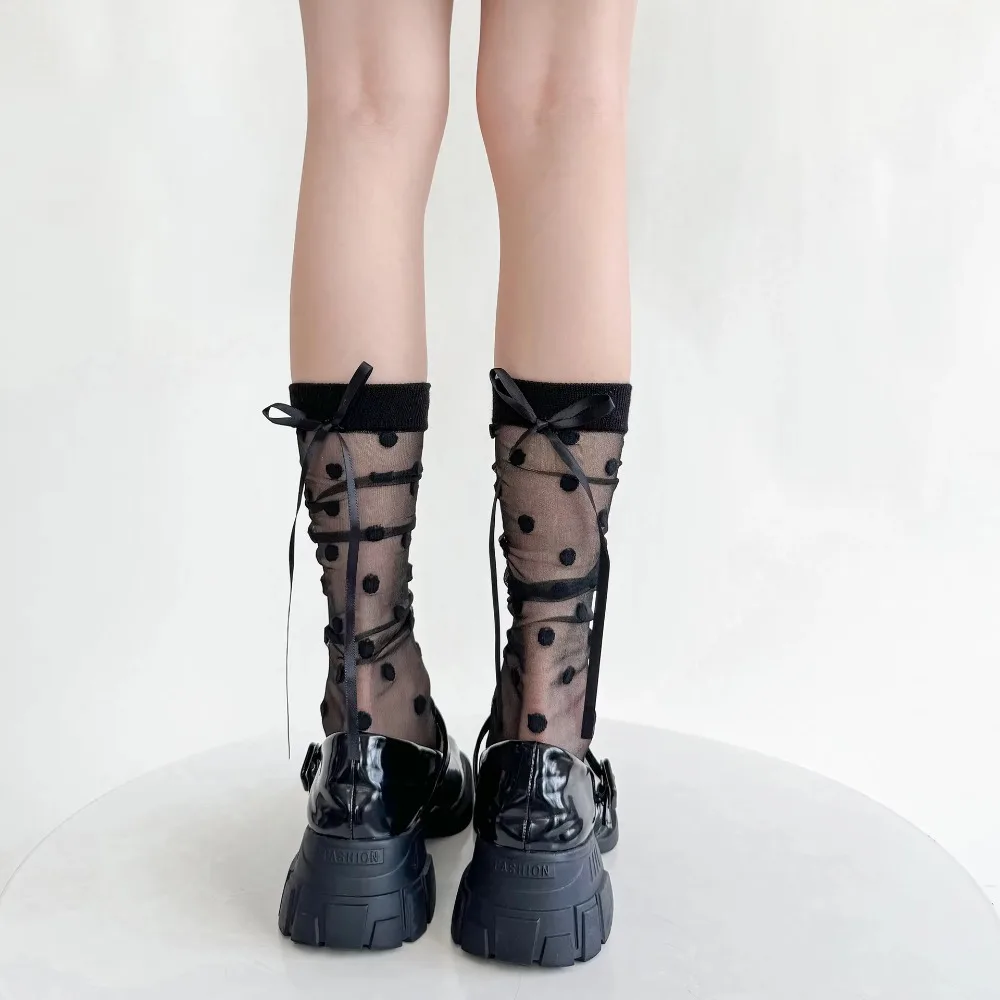 Bandage Bow Polka Dot Women Stockings Casual Striped Nylon Long Socks Ultra-thin Transparent Ballet Style Crystal Silk Socks Sox