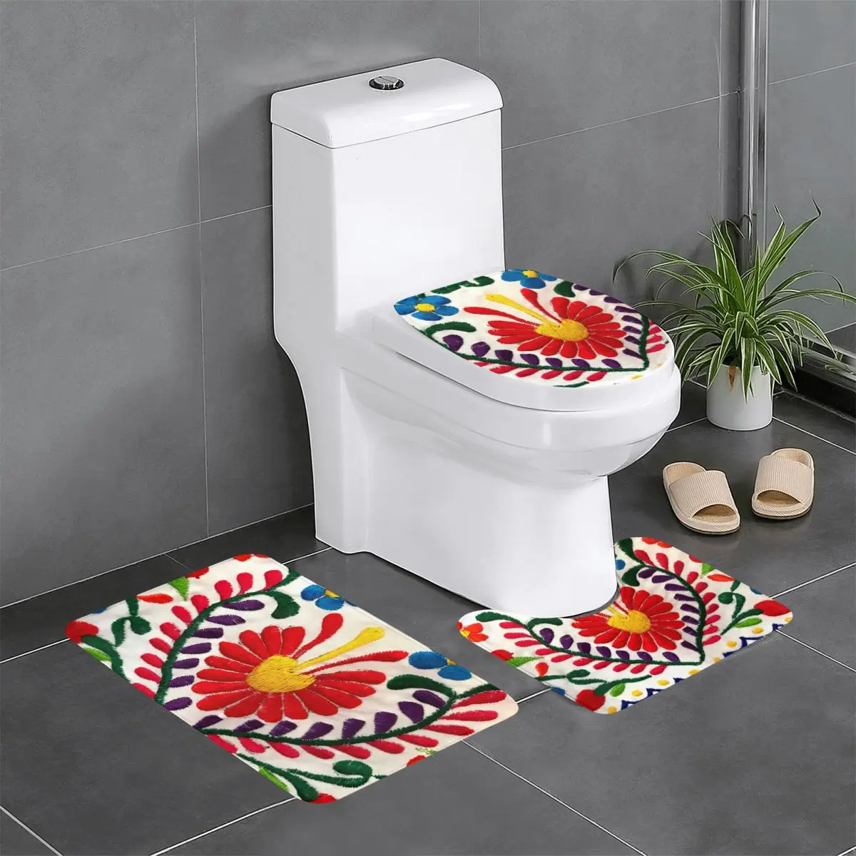 

Изготовленные на заказ мексиканские цветы с вышивкой, 3-х предметные коврики для ванной комнаты, нескользящий впитывающий коврик для туалета и ванной, набор