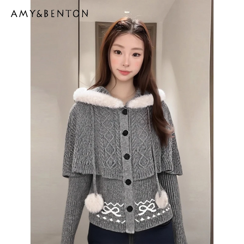 

Vintage Design Gray Hooded Cape Sweater Women's Coats 2025 Autumn Winter New Looes Temperament Shawl Knitted Cardigan Ladies