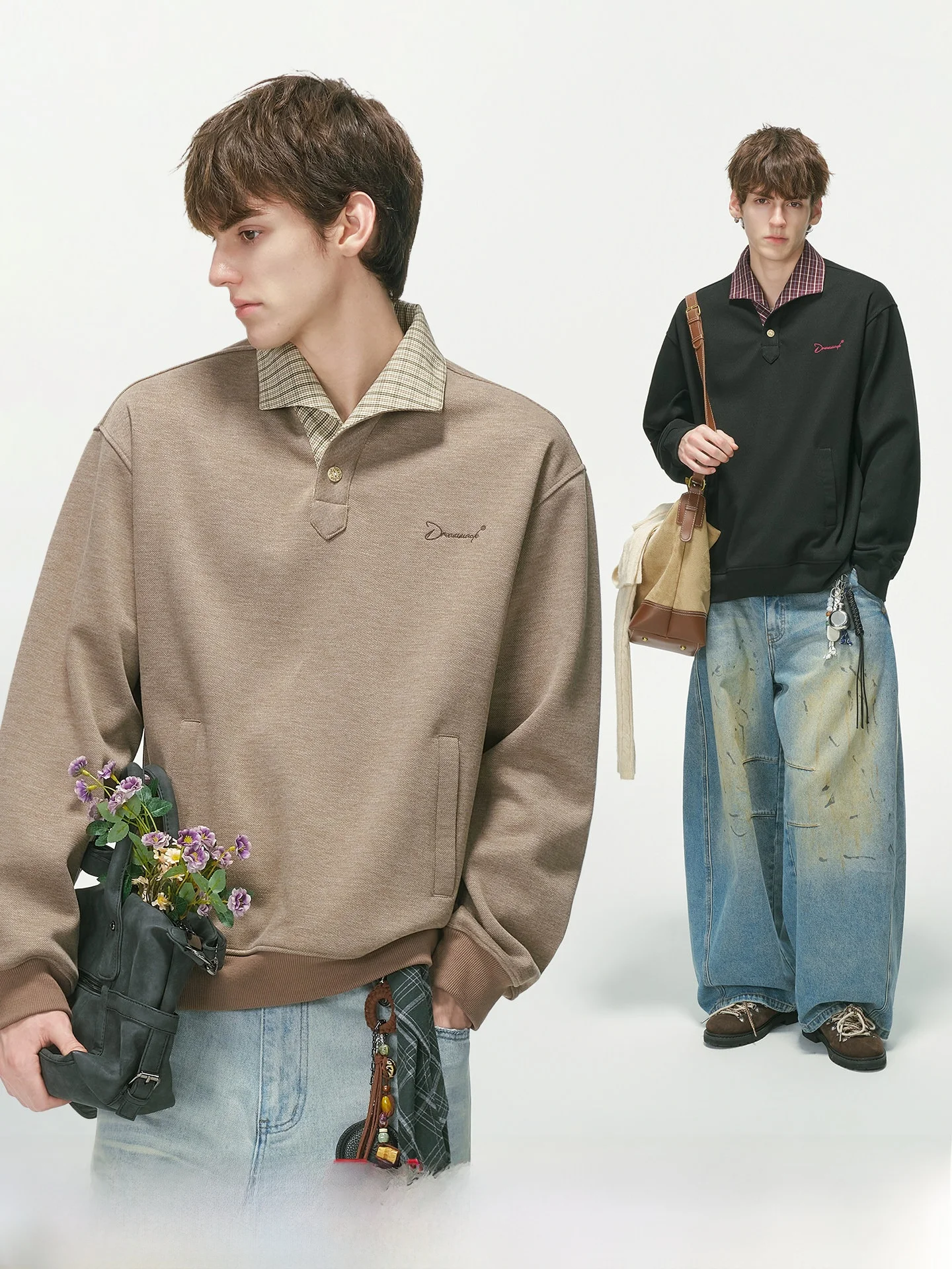 Dream Made American Plaid Patchwork Collar Sweatshirt Jacket Men's Autumn Commute Style Long Sleeve Casual Comfortable Top