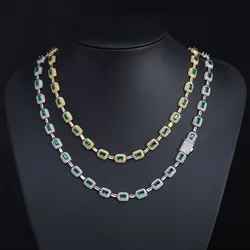Hip Hop Jewelry Handmade Set Diamond Necklace with Green Square Zircon Sparkling Ice Flower Exquisite Christmas Gift