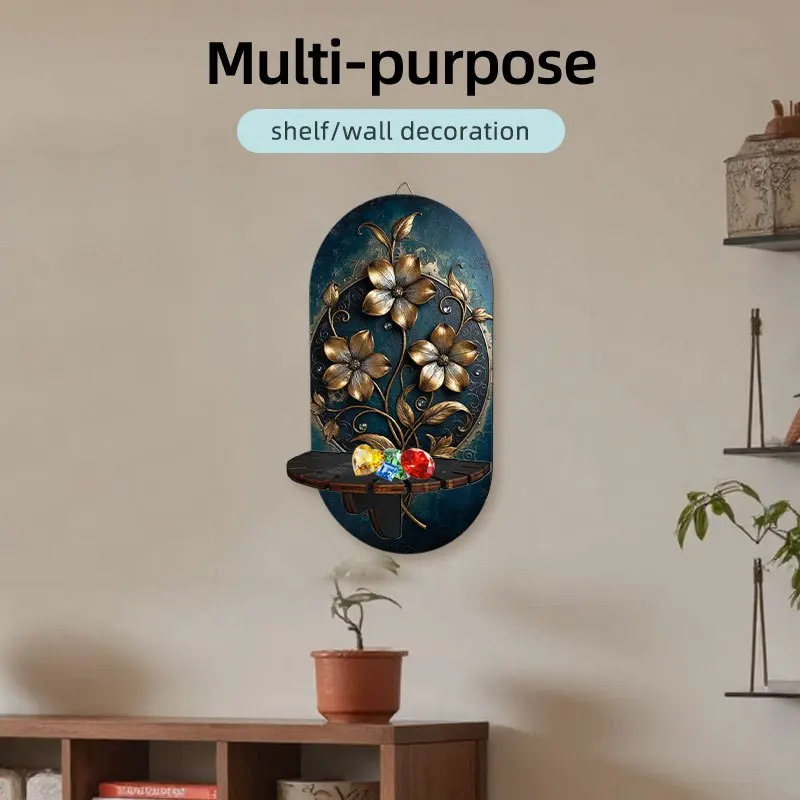 Retro Forest Alphabet A Shape Multifunctional Wall Shelf Storage Rack, 2D Printed Flower Heart Lock Forest Theme, Easter Gift