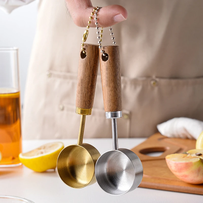 Wooden Handle Stainless Steel Measuring Spoons Coffee Beans Powder Scoop Sugar Salt Spice Spoon Mini Teaspoon Baking Tools