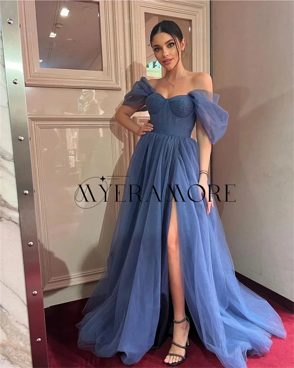 

Simple Off the shoulder Evening Dresses Blue Tulle A-Line Side Slit Floor-Lenght Prom Dresses Customized robes de soirée