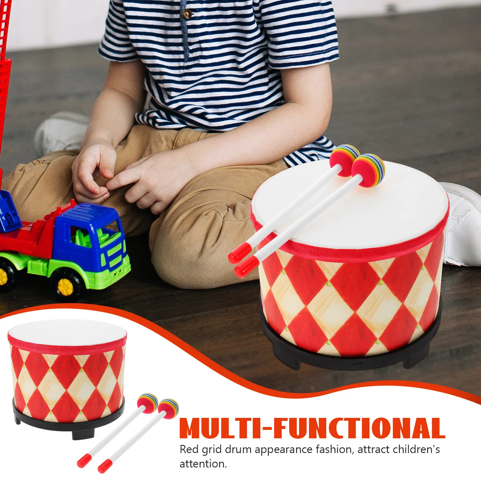 Wooden Hand Drum for Kids Toddlers Red Checkered Design Child-Friendly Percussion Instrument Educational Musical Sensory Play