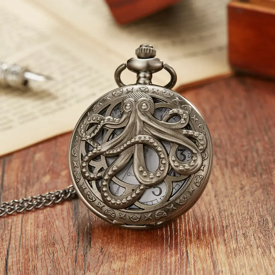 Retro Octopus Hollow Half Hunter Quartz Pocket Watch Vintage Grey/Bronze Necklace Pendant Clock for Kids Men Women reloj 2023