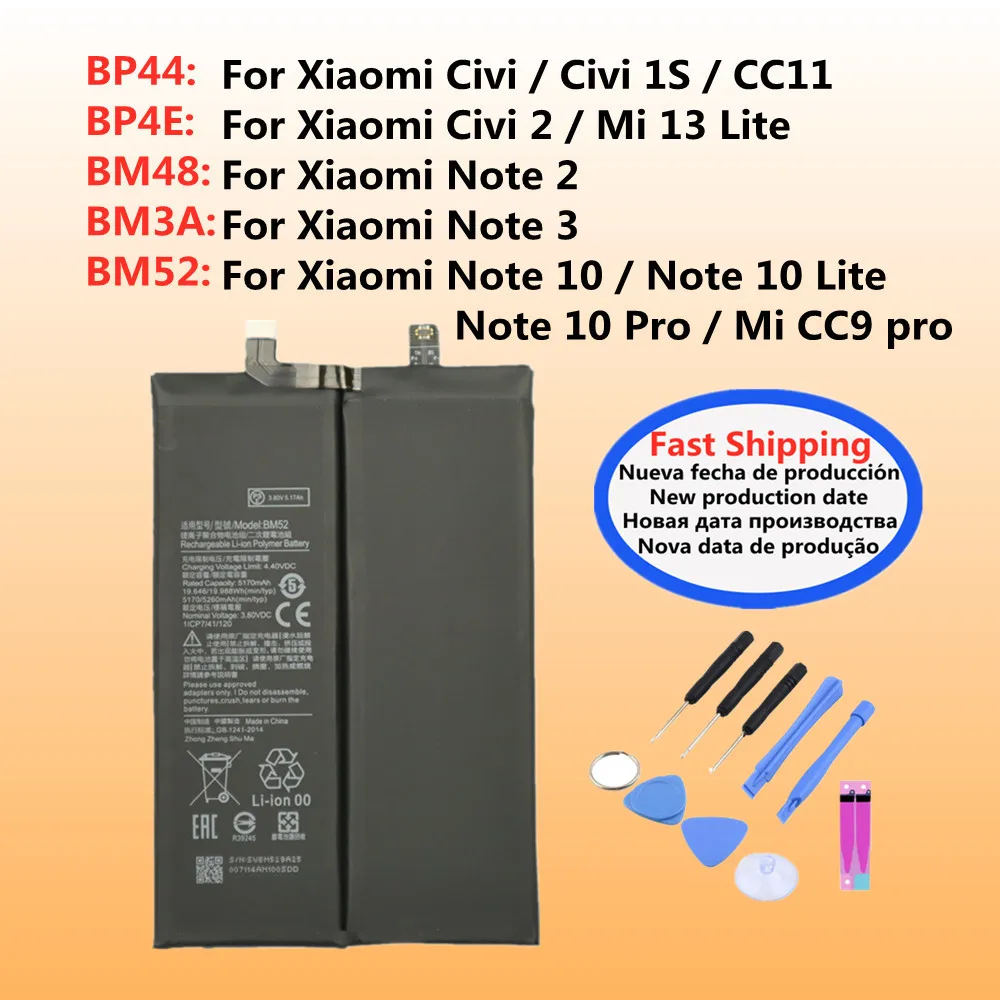 Batería BP44 BP4E BM48 BM3A BM52 para Xiaomi Note 10 Pro, Note 10 Lite, Note 3 2, Mi 13 Lite CC9 pro CC11 Civi 2 1S