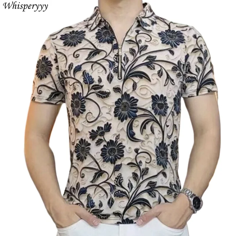 

Short-sleeved T-shirt Men Clothing Summer Thin Lapel Shirt Vintage Zipper Jacquard Tops Male Harajuku Casual Camisetas