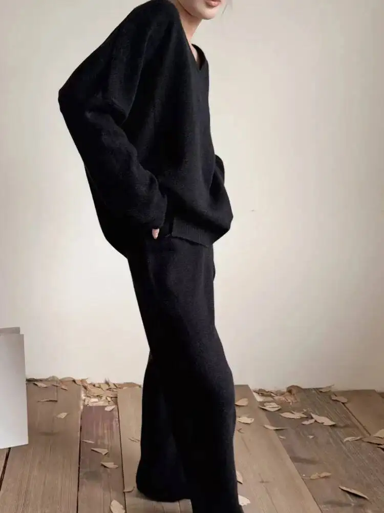 FANAN Knitting 2 Piece Set Loose Big Size V-Neck Sweater + Straight Leg Pants Two Pieces Set For Women 2025 Autumn Winter New
