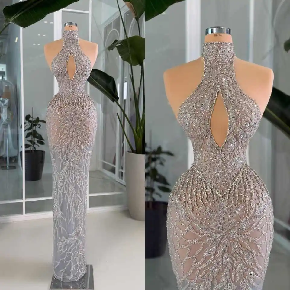Sleek Evening Dresses Halter Neck Keyhole Cutout Radiant Rhinestone Leaf Embroidery Sheer Fitted Maxi Style Formal Dinner Event
