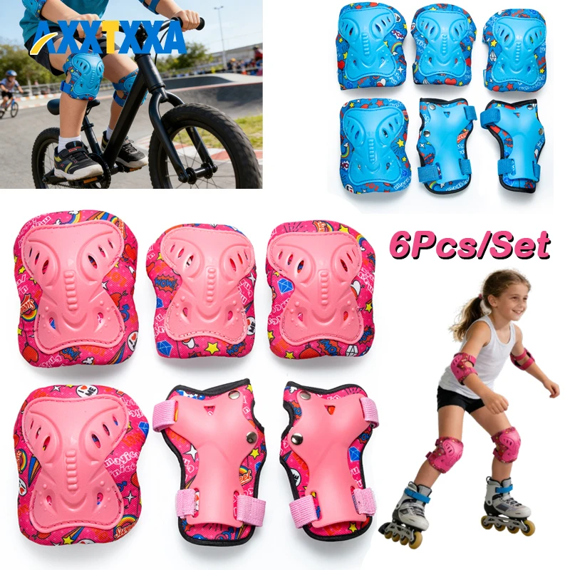 Kids Knee and Elbow Pads with Wrist Guards, 6-in-1 Protective Gear Set for Skating, Cycling, Bike, Rollerblading, Scooter