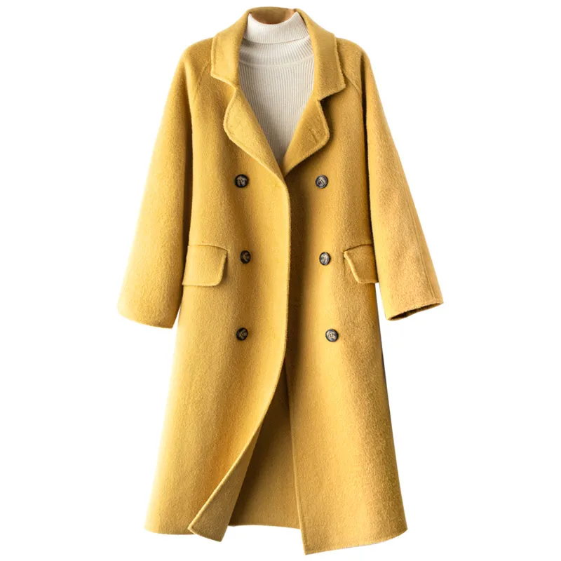 

Autumn and Winter Free Size 100% Wool Reversible Woolen Coat Women's Mid-Length Suit Collar below the Knee Slimming Baggy Coat