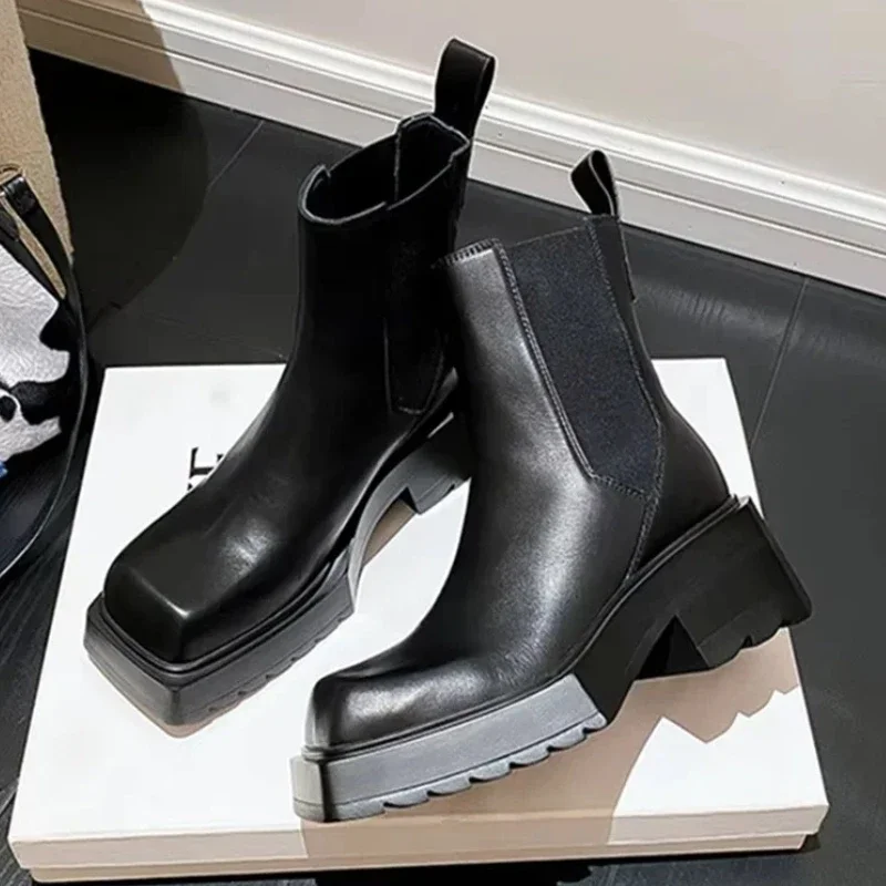 

Black Soft Leather Chelsea Boots for Women Square Toe Chunky Heel Non-slip Ankle Boots Comfort Lightweight Platform Boot Ladies