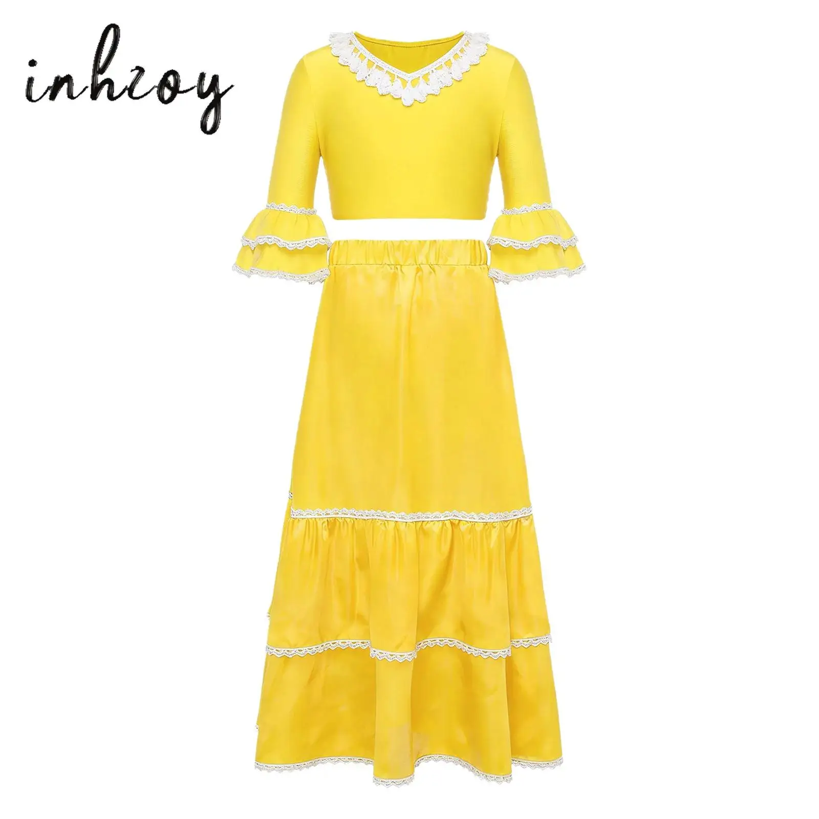 

Girls Spanish Flamenco Dance Set Crop Top with Skirt Satin Tiered Long Skirt Gypsy Classic Flamengo Stage Performance Dancewear