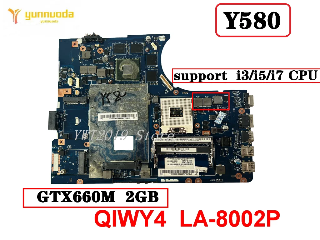 QIWY4 LA-8002P  For Lenovo Y580 Laptop motherboard With GTX660M 2GB GPU HM76 support i3i5i7 CPU  100% tested good