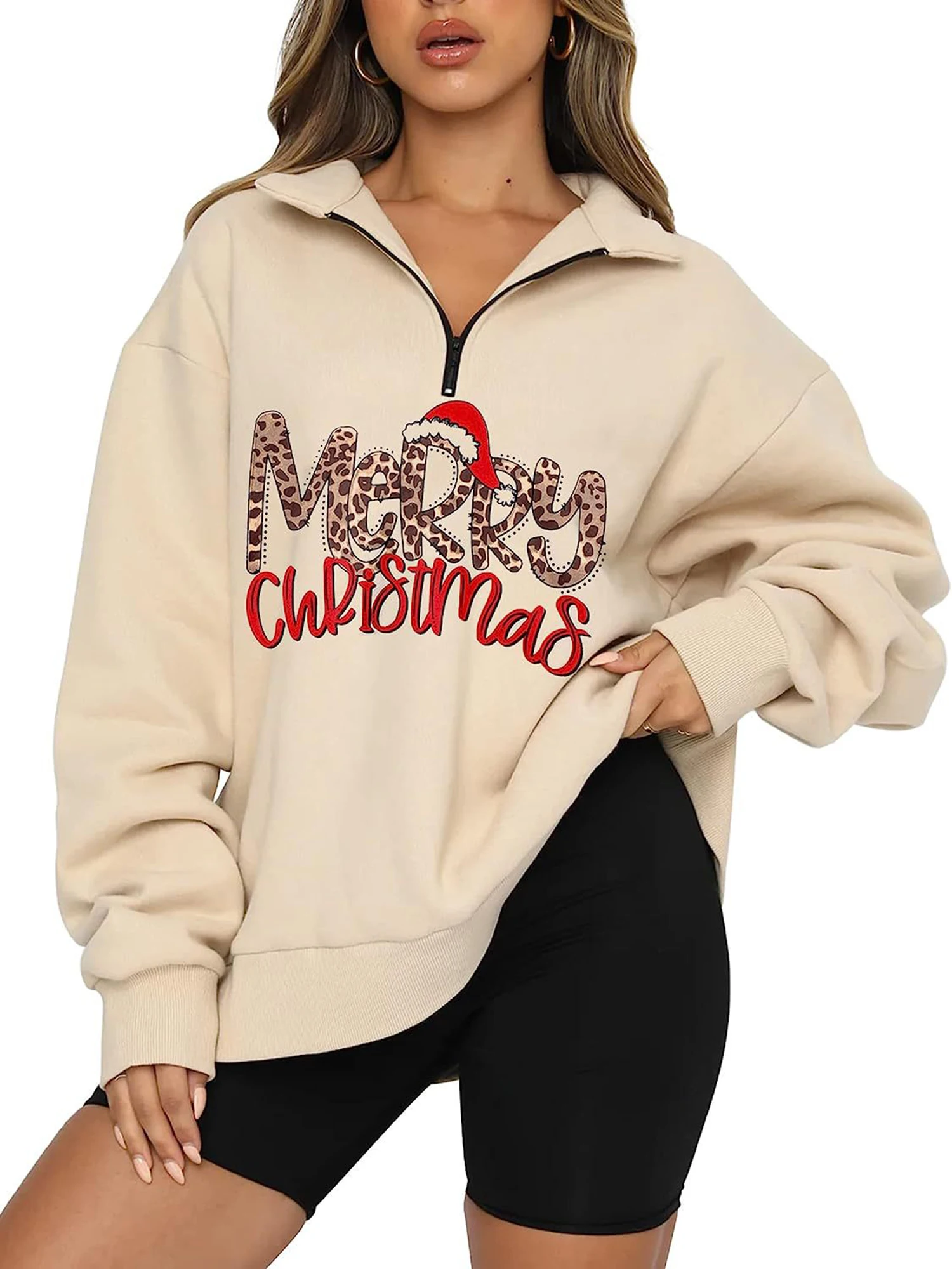 

Christmas Cartoon Print Slouchy Fleece Sweatshirt for Women with Long Sleeve and Quarter Zipper