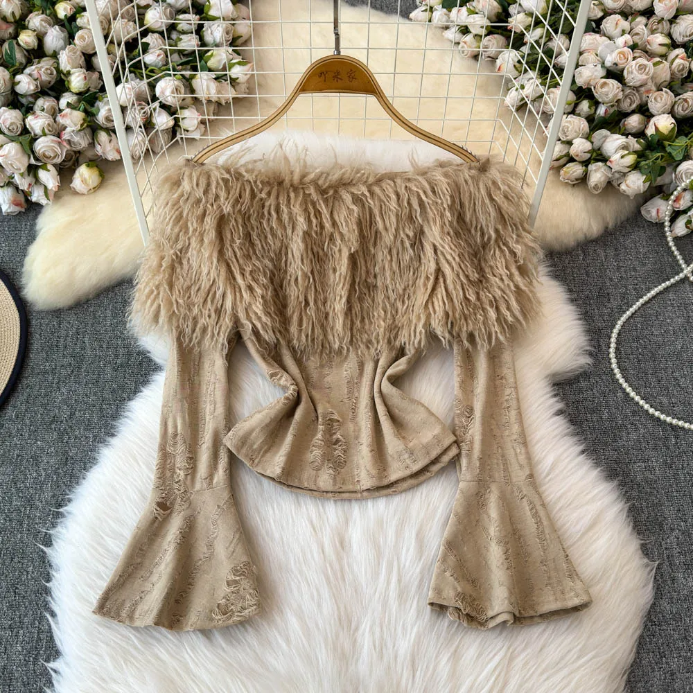 

Lady Y2K Ins Chic Winter Autumn Shirts Blouse Faux Goat Fur Wasteland Style Topsdistressed Off Shoulder Flare Sleeve Pullovers