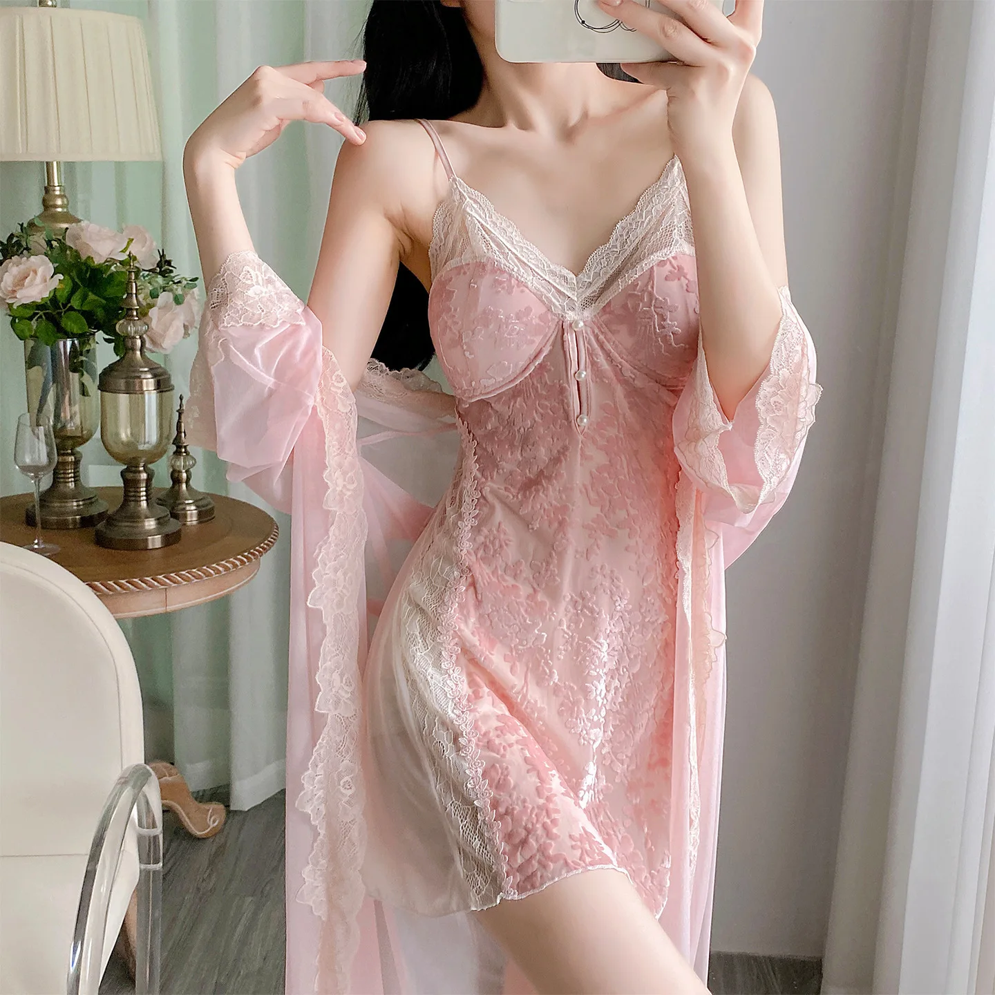 

Pink Velvet Robe Lady Sexy Patchwork Lace Lingerie Suit Backless Chemise Sleepwear Soft Pijama Mujer Autumn Winter Nightwear