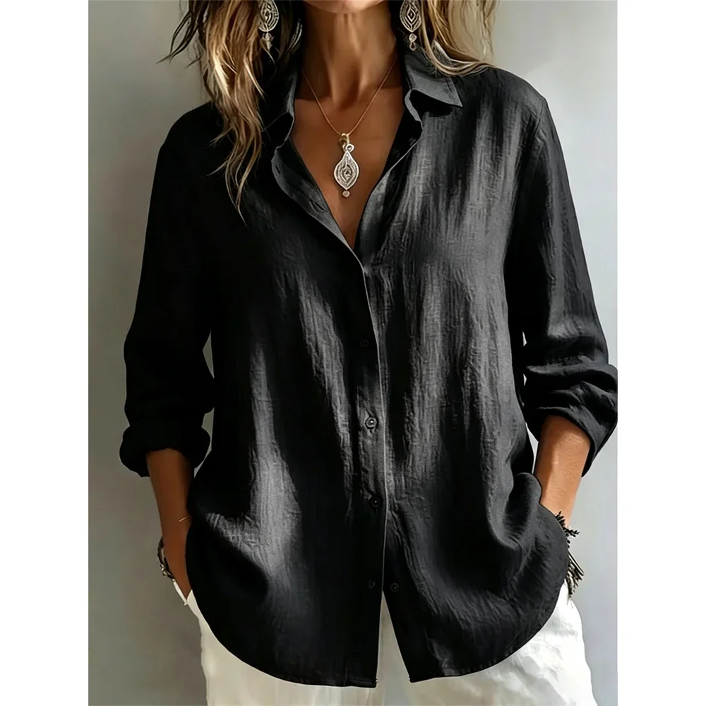 Damen Baumwoll-Leinen-Hemd, Oversize, leicht, atmungsaktiv, einreihig, lässig, mit Umlegekragen, langen Ärmeln, klassische Bluse – Detail 13