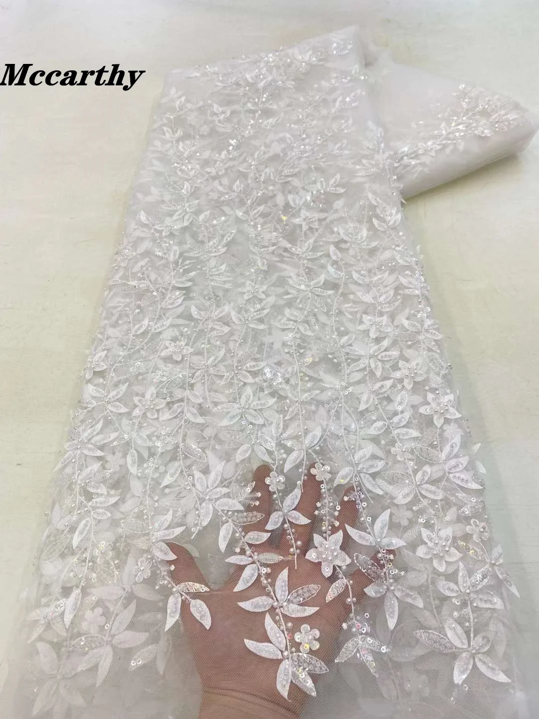 Luxury African Heavy Bead White Lace Fabric 2023 High Quality 5 Yards Nigerian Pearl Embroidered Mesh Material With Sequins XZ68