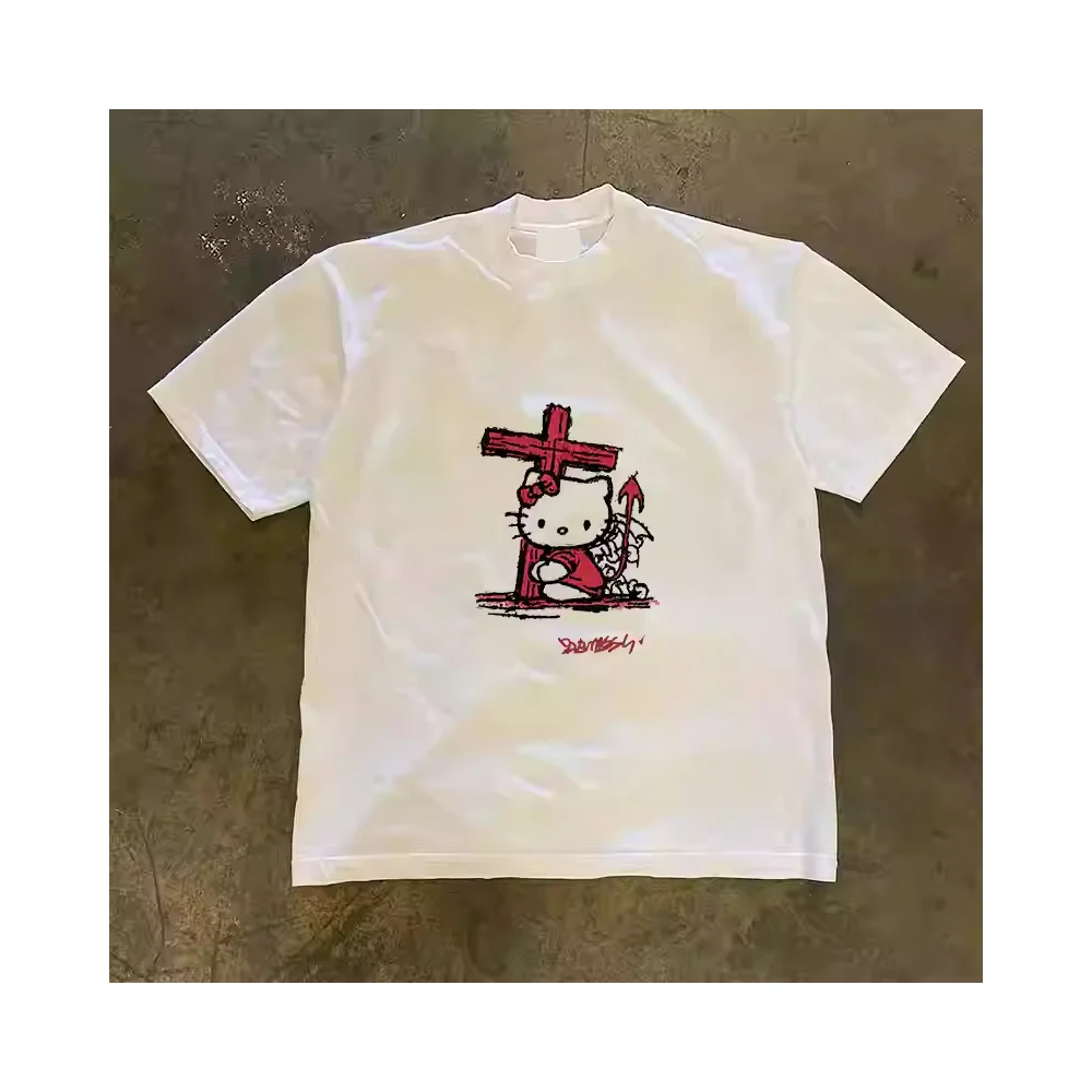 

Sanrio Hello Kitty Cross с милым узором и забавным принтом, летняя женская хлопковая футболка в стиле Харадзюку, повседневные футболки с героями мультфильмов Y2K с коротким рукавом