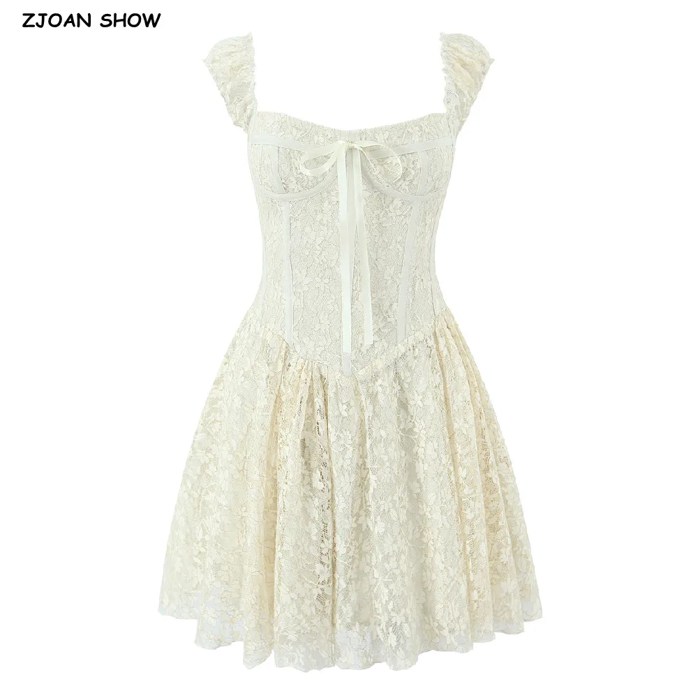 Sweet Lace Mesh Corset Style Short Sleeve Dress Women Bow Square Collar Elastic Back Low Waist Swing Dresses Vestidos Robe